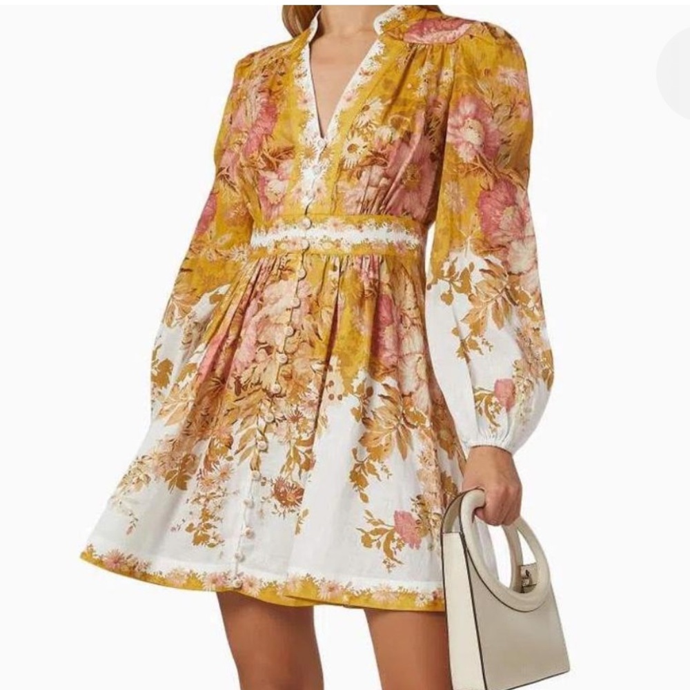 Zimmermann Yellow Floral Long-Sleeve Mini Dress